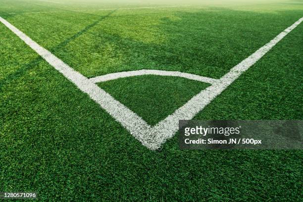 high angle view of soccer field - football pitch stockfoto's en -beelden