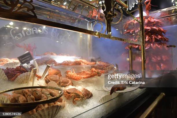 Crustacean platters are displayed on ice at Les Grands Buffets restaurant on October 1, 2020 in Narbonne, France. Les Grands Buffets restaurant,...