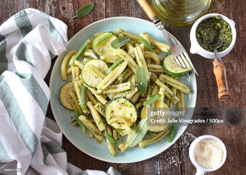 Directly above shot of pasta in plate on table