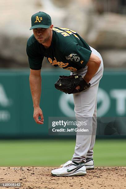 Rich Harden of the Oakland Athletics pitches against the Los Angeles Angels of Anaheim in the first inning at Angel Stadium of Anaheim on September...