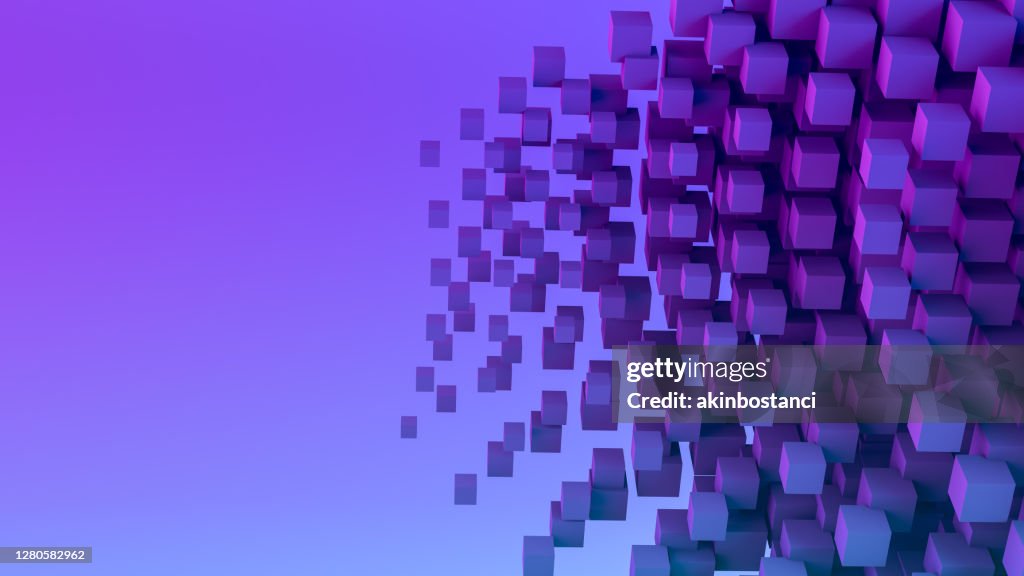 Abstract Flying Cubes, Geometric Shapes Background, Neon Lighting