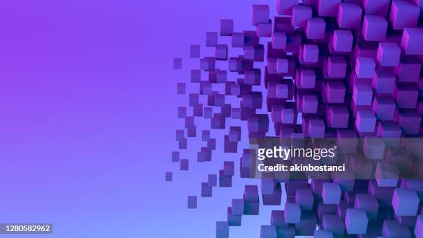 abstract flying cubes, geometric shapes background, neon lighting - purple imagens e fotografias de stock