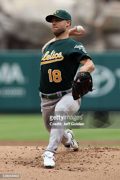 Rich Harden of the Oakland Athletics pitches against the Los Angeles Angels of Anaheim in the first inning at Angel Stadium of Anaheim on September...
