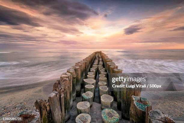 scenic view of sea against sky during sunset,milano marittima ra,italy - groyne stock-fotos und bilder