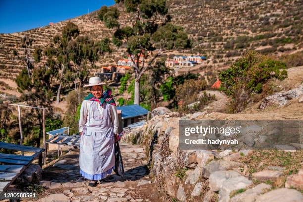 aymara woman on isla del sol, lake titicaca, bolivia - bolivia daily life stock pictures, royalty-free photos & images