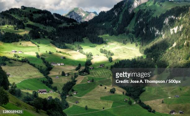 scenic view of agricultural field against sky, einsiedeln, schwyz, switzerland - schwyz fotografías e imágenes de stock