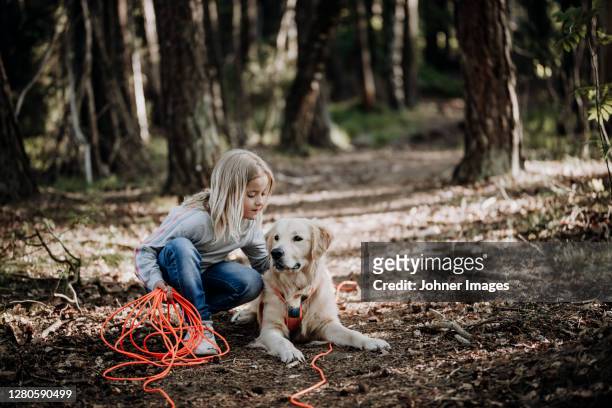 girl with dog in forest - long leash stock pictures, royalty-free photos & images