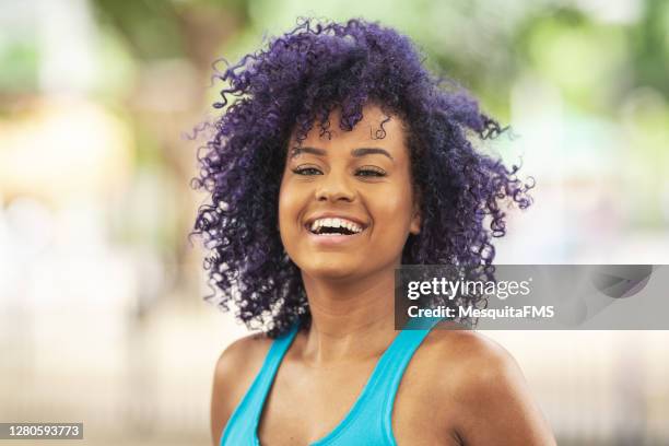 purple hair woman smiling portrait - purple hair stock pictures, royalty-free photos & images