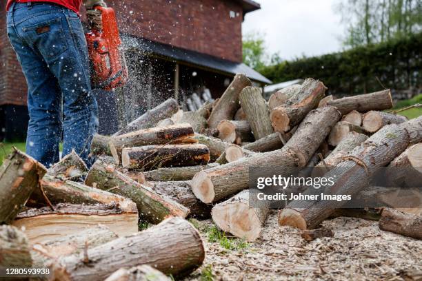 cutting logs with chainsaw - log cutting stand stock pictures, royalty-free photos & images