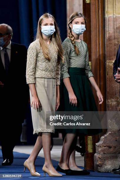 Leonor Princess of Asturias and Infanta Sofía of Spain attend the Princesa de Asturias Awards 2020 ceremony at the Reconquista Hotel on October 16,...