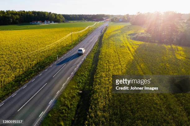 aerial view of country road and fields - landstraße stock-fotos und bilder