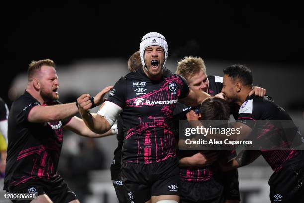 Dave Attwood of Bristol Bears celebrates after Harry Randall of Bristol Bears scores his side's first try during the European Rugby Challenge Cup...