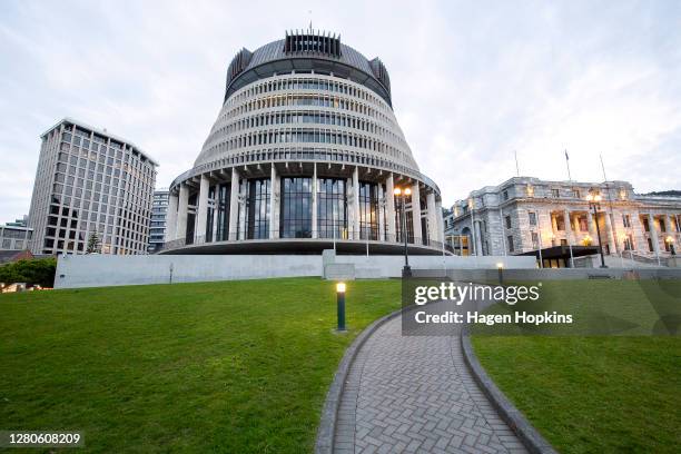 General view of The Beehive and Parliament House during election day on October 17, 2020 in Wellington, New Zealand. Voters head to the polls today...