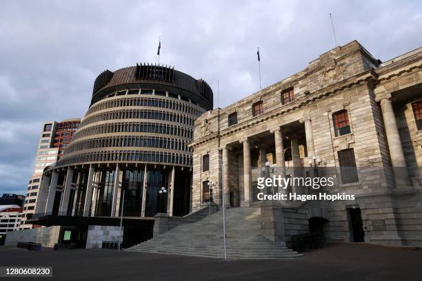General view of The Beehive and Parliament House during election day on October 17, 2020 in Wellington, New Zealand. Voters head to the polls today...