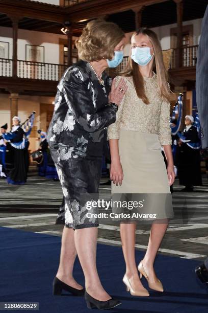 Queen Sofia and Crown Princess Leonor of Spain attend the Princesa de Asturias Awards 2020 ceremony at the Reconquista Hotel on October 16, 2020 in...