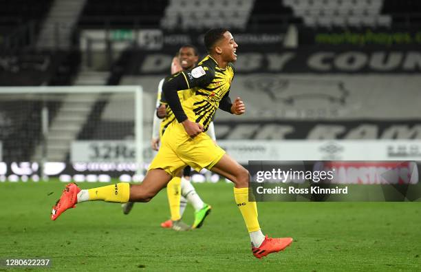 Joao Pedro of Watford celebrates after scoring his sides first goal during the Sky Bet Championship match between Derby County and Watford at Pride...