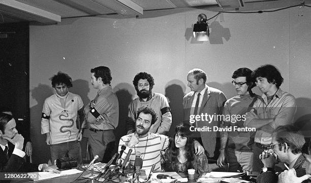 American political activists and antiwar demonstrators known as the Chicago Seven speak to reporters at a press conference after being charged with...