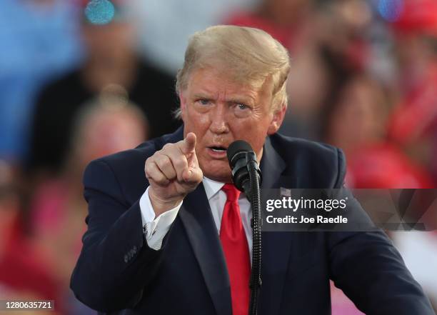President Donald Trump speaks during his campaign event at the Ocala International Airport on October 16, 2020 in Ocala, Florida. President Trump...