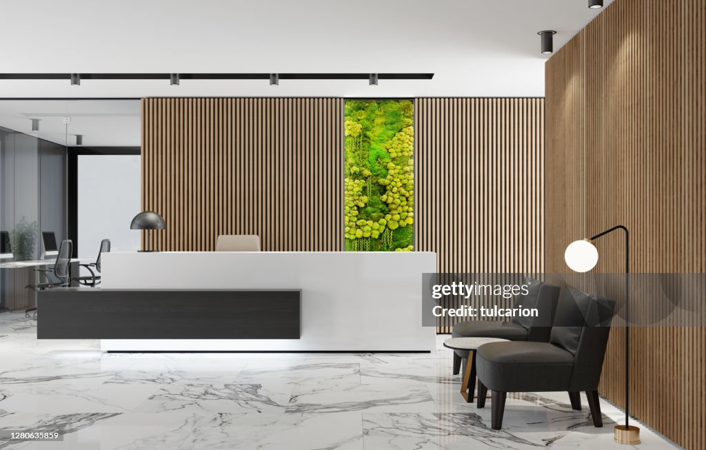 Modern Office lobby interior with long wooden planks background and reception desk with green Eco plant moss wall