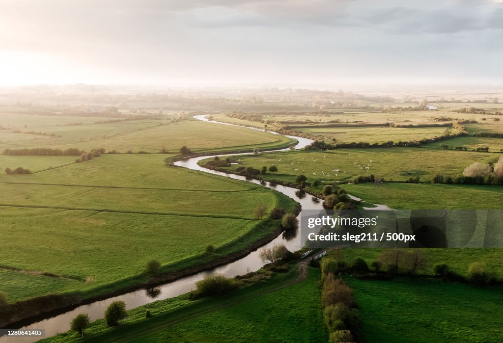 High angle view of agricultural field against sky, Route des Joncs, Carentan les Marais, France
