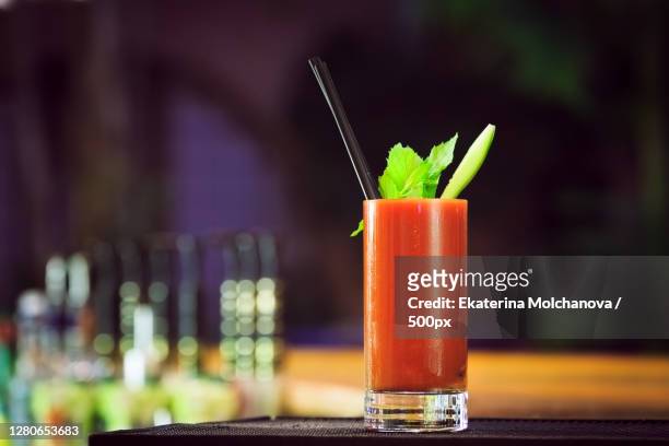 close-up of drink on table - bloody mary stock pictures, royalty-free photos & images