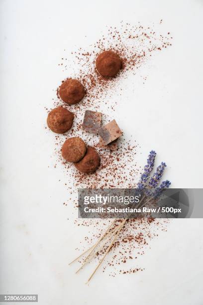 high angle view of powder paints on white background - chocolate top view stock-fotos und bilder