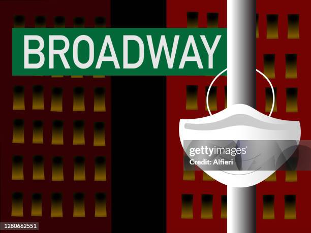 ilustraciones, imágenes clip art, dibujos animados e iconos de stock de máscara protectora en el cartel de broadway - broadway signs