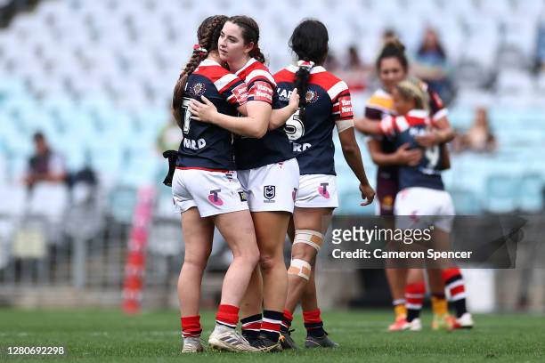 Jocelyn Kelleher of the Roosters and Melanie Howard of the Roosters embrace after the round three NRLW match between the Sydney Roosters and the...