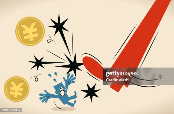 big leg kicking yuan or yen sign coin (chinese, taiwanese or japanese currency) off a businessman - chinese coin stock illustrations