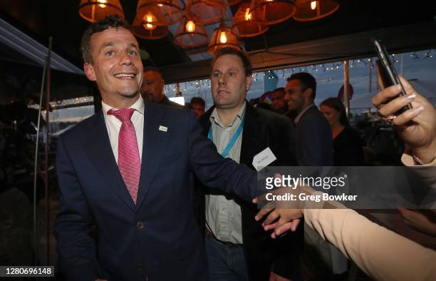 Party Leader David Seymour arrives celebrating with his party on October 17, 2020 in Auckland, New Zealand. With results too close to call, no...