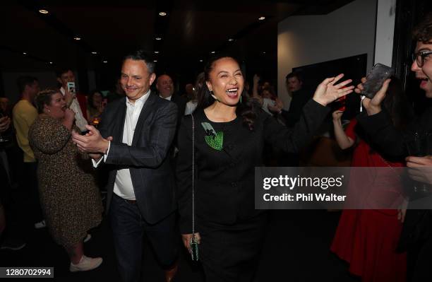 Greens Party Co-Leader Marama Davidson and Co-Leader James Shaw arrive at the Greens Party Election Function at Grid X on October 17, 2020 in...