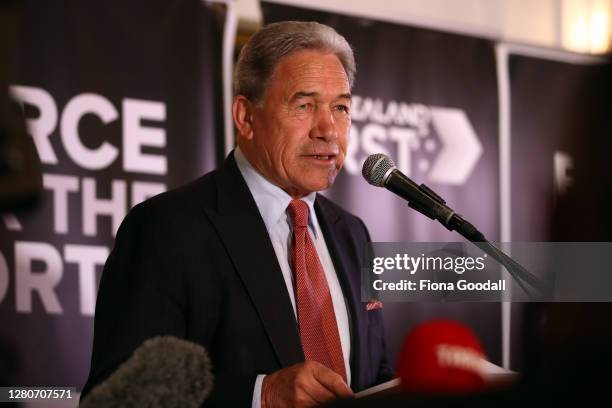 New Zealand First leader Winston Peters speaks to supporters at the Duke of Marlborough Hotel on Saturday, October 17, 2020. The 2020 New Zealand...