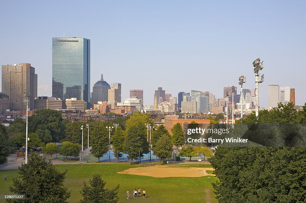 Skyline, with baseball diamond in foreground, Boston, Massachusetts, USA