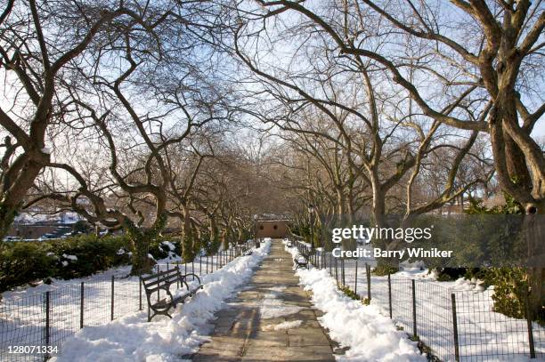 snow on grounds of conservatory garden, central park's six acre formal garden, new york, ny, usa - central park winter stockfoto's en -beelden