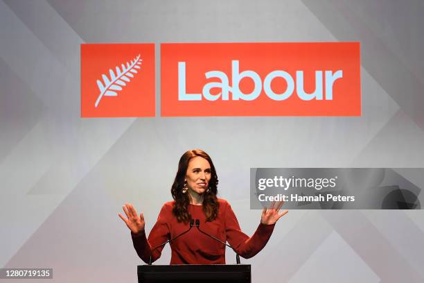 Labour Party leader and New Zealand Prime Minister Jacinda Ardern claims victory during the Labor Party Election Night Function at Auckland Town Hall...