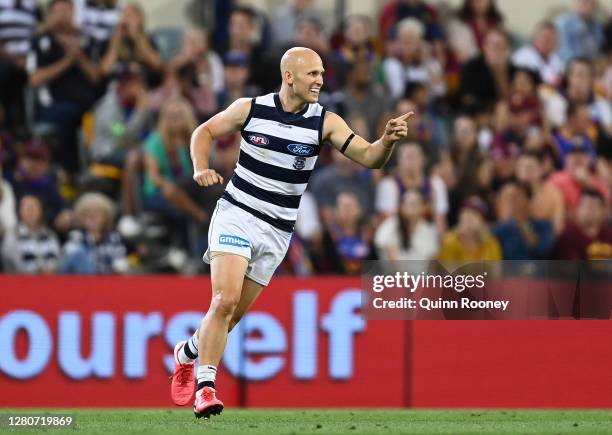 Gary Ablett of the Cats celebrates after scoring a goal during the AFL 2nd Preliminary Final match between the Brisbane Lions and the Geelong Cats at...