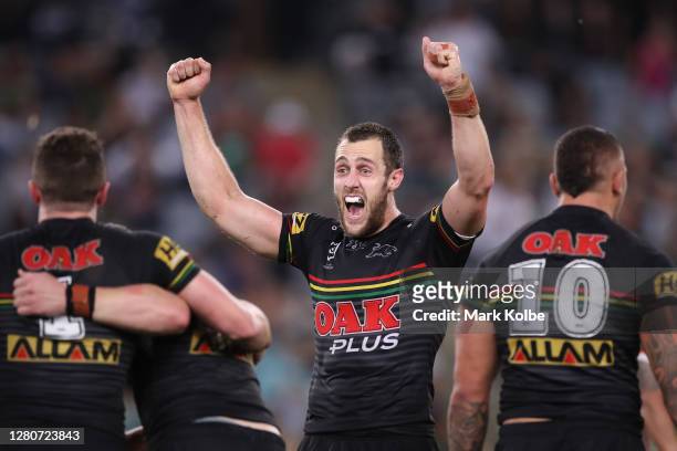 Isaah Yeo of the Panthers celebrates winning the NRL Preliminary Final match between the Penrith Panthers and the South Sydney Rabbitohs at ANZ...