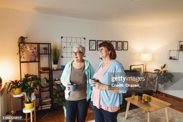 femmes âgées à la maison, buvant le café et regardant par la fenêtre - grandmas living room photos et images de collection