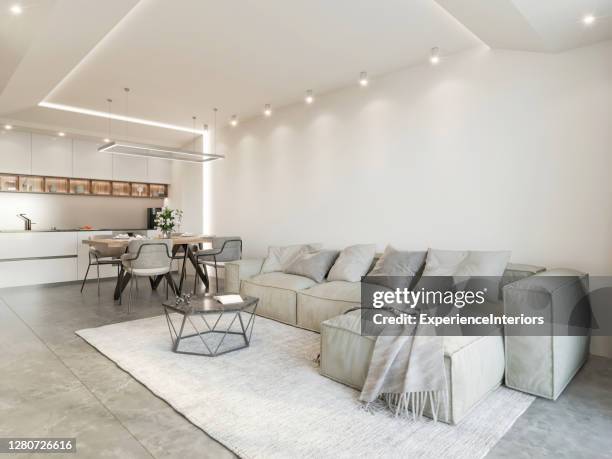 appartement moderne d’espace ouvert - plafond photos et images de collection