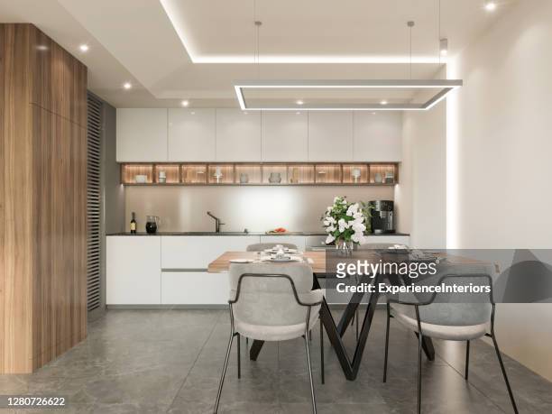 modern apartment dining room interior - shiny floor stock pictures, royalty-free photos & images