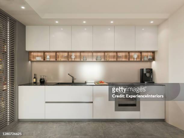 modern apartment kitchen interior - wood ceiling stock pictures, royalty-free photos & images
