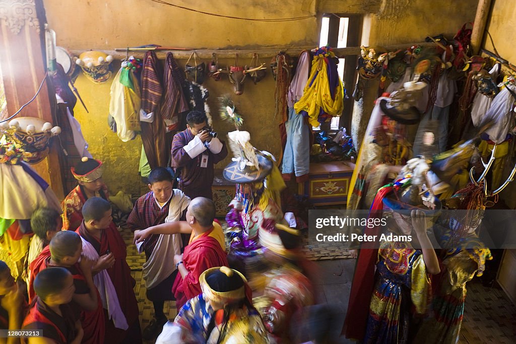 Dressing room, Thangbi Mane Festival, Tangbi Goemba, near Jakar, Bumthang, Bhutan