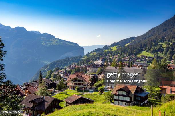 townscape of village of wengen on the edge of lauterbrunnen valley - bernese alps stock pictures, royalty-free photos & images