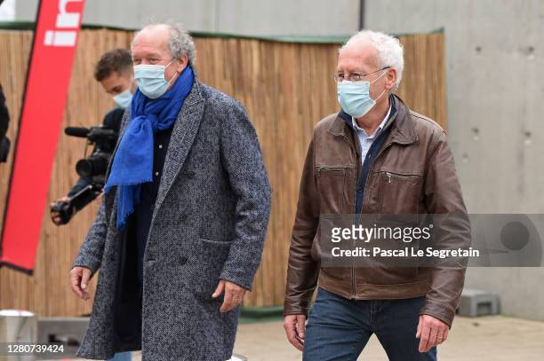 Jean-Pierre Dardenne and Luc Dardenne attend the shooting remake of Louis Lumiere's 1st French short black-and-white silent documentary film 'La...