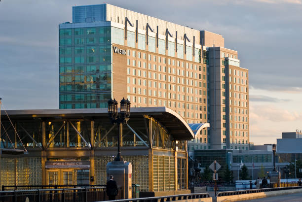 T Station with Westin hotel beyond in evening, Boston, Massachusetts, USA