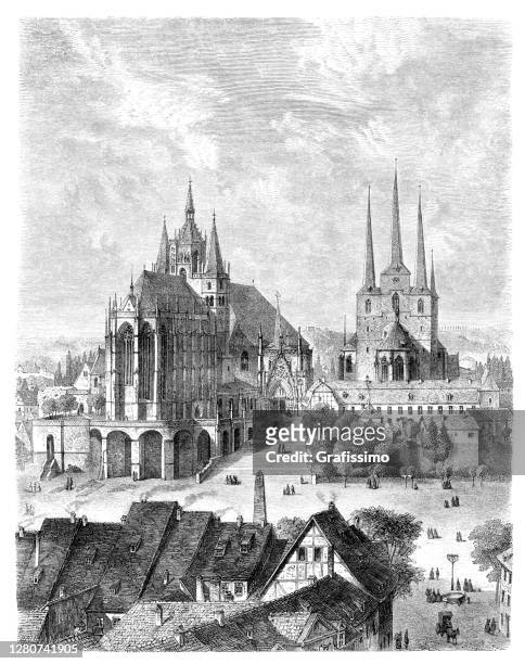 ilustrações, clipart, desenhos animados e ícones de igreja da catedral de erfurt thurínia alemanha 1864 - erfurt