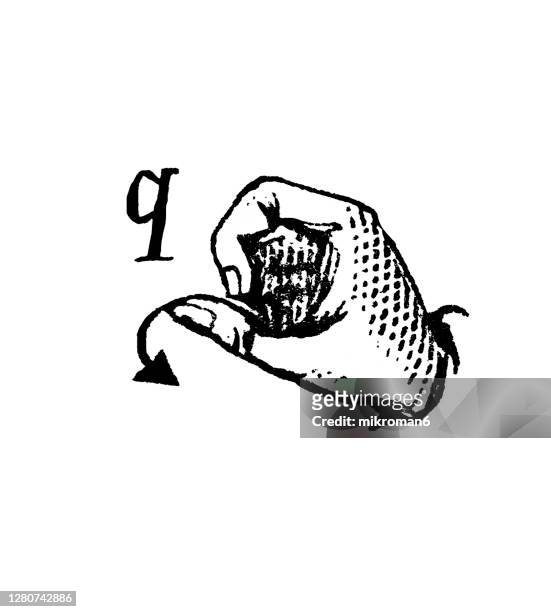 old engraved illustration of manual alphabet of the sign language - finger-spelling, letter q - q and a foto e immagini stock