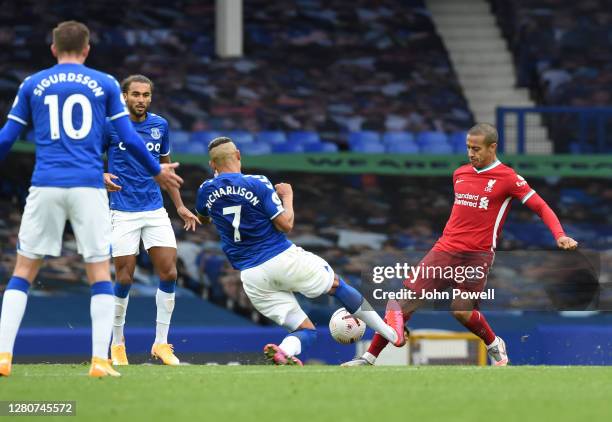 Everton's Richarlison make a awful tackle on Thiago Alcantara of Liverpool and gets sent off during the Premier League match between Everton and...