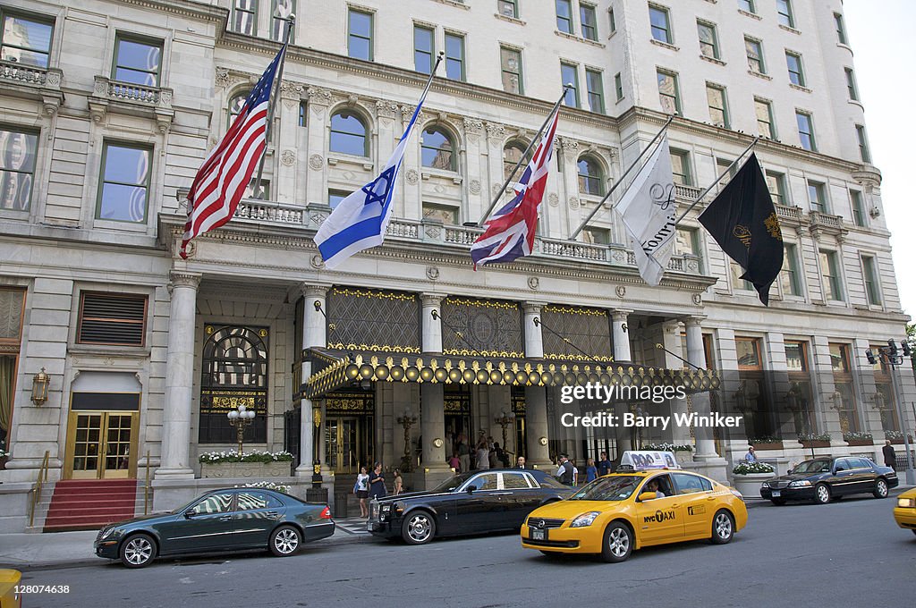 Facade of the Plaza Hotel, New York, NY. Henry J. Hardenbergh, architect, completed 1909 in Second Empire Baroque style, at Grand Army Plaza, Fifth Avenue at 59th Street