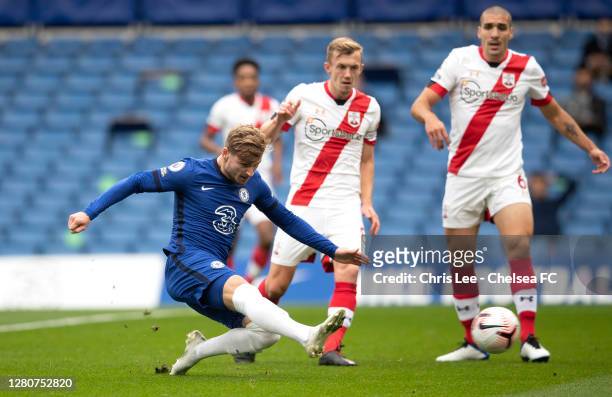 Timo Werner of Chelsea scores his sides first goal during the Premier League match between Chelsea and Southampton at Stamford Bridge on October 17,...